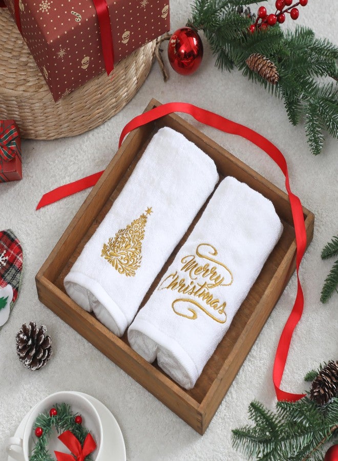 NEWLIGHTURE Christmas Hand Towels 2 Pack 100% Cotton Golden Christmas Tree Embroidery Towels for Bathroom & Kitchen Decor, Holiday Hand Towels with Detachable Red Bow for Christmas Decor - Image 2